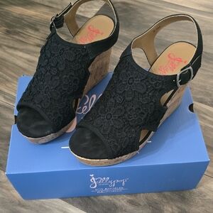 Jellypop Black Floral Wedge Sandals